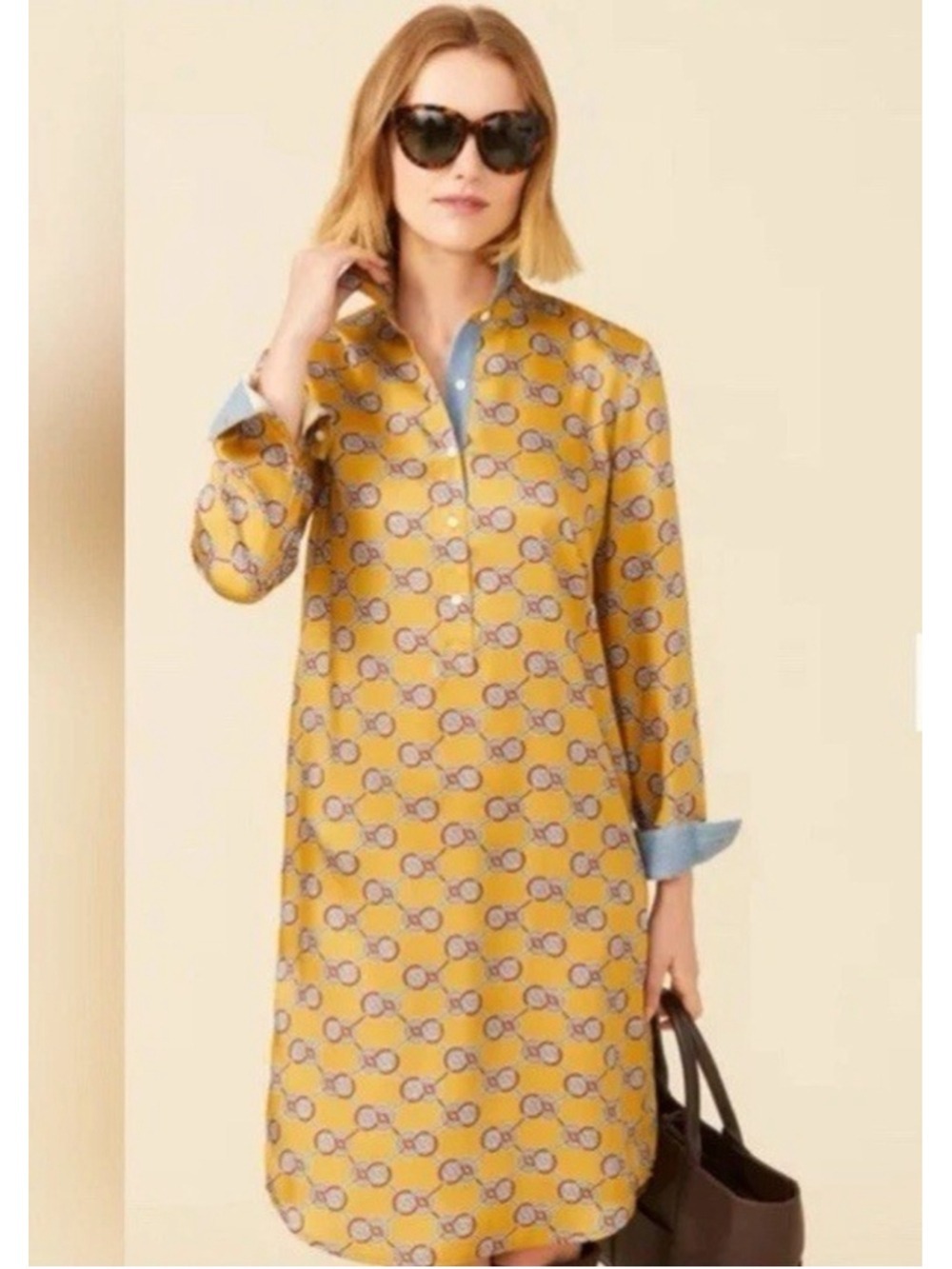 J. MCLAUGHLIN Amara Polo Shirt Dress Women’s XS Gold Blue Geometric Pockets Chic